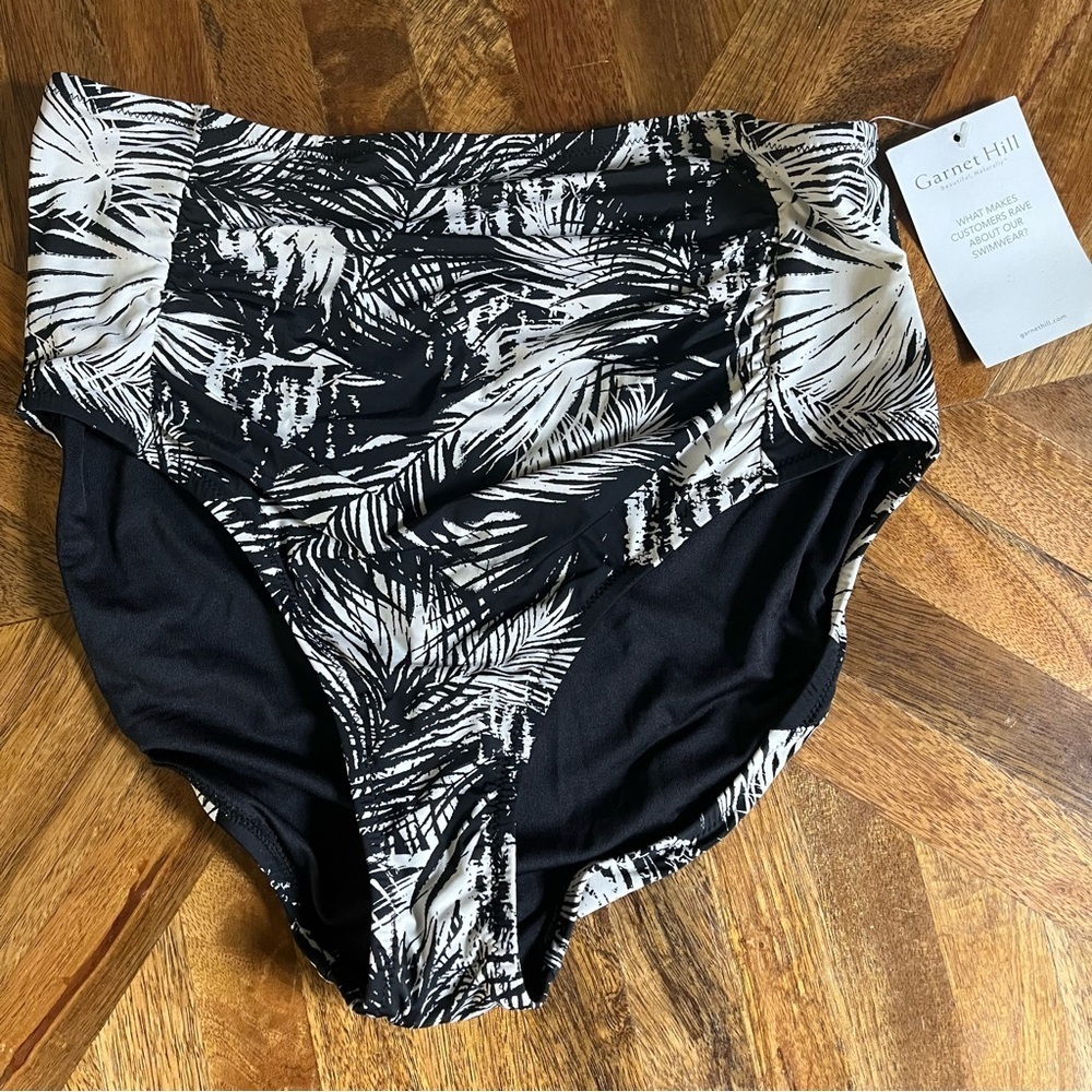 Garnet Hill Bikini Bottom Ruched High Waisted Black Cream Leaf‎ Women’s Sz 8 NWT